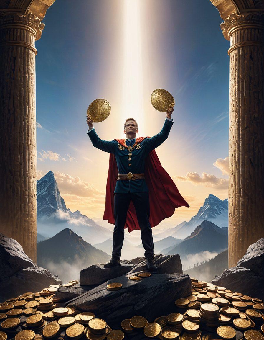 A confident individual standing atop a mountain of coins, holding a shield symbolizing protection against financial risks. Behind them, a bright horizon with doors opening towards various investment opportunities. A graph illustrating growth curves subtly integrated in the background. The scene is vibrant and inspiring, embodying empowerment and strategic decision-making. super-realistic. vibrant colors. white background.