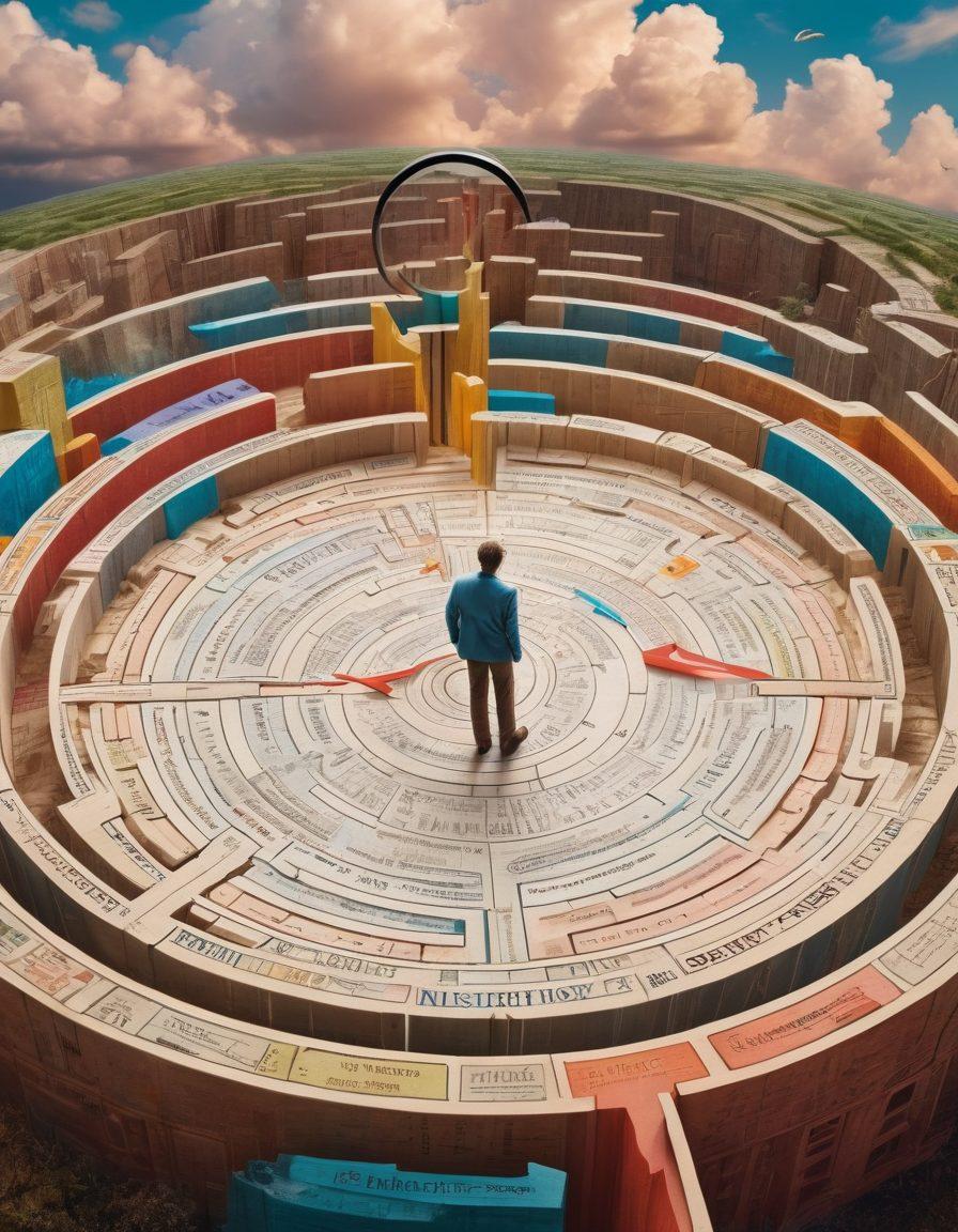 A thoughtful individual navigating a maze made of insurance policy documents and premium charts, with a magnifying glass in hand. Bright arrows point towards the best options, while subtle clouds of confusion hover in the background. The scene conveys enlightenment and clarity amidst complexity. super-realistic. vibrant colors. dynamic composition.