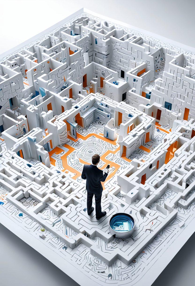 An intricate maze made of insurance documents, with a person holding a magnifying glass looking at a map. In the background, various insurance symbols like a car, home, and health icons hover above the maze, representing different coverage types. Soft sunlight filters through, creating a hopeful atmosphere as they navigate their choices. super-realistic. vibrant colors. white background.